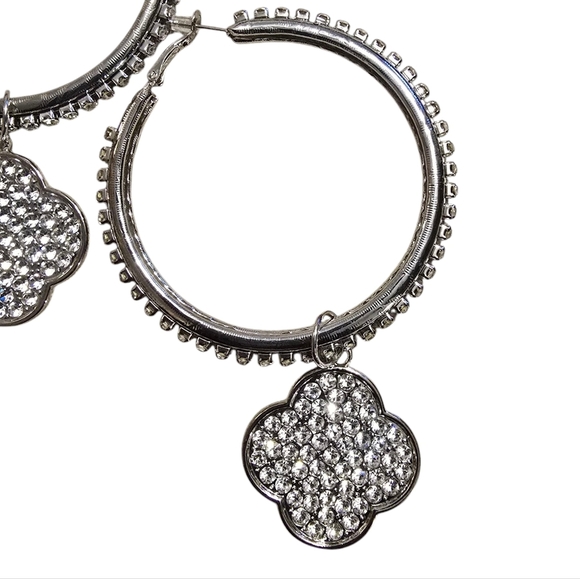 Four Leaf Earrings Silver Large Hoop Rhinestone Crystal Dangle 2" - Picture 2 of 4